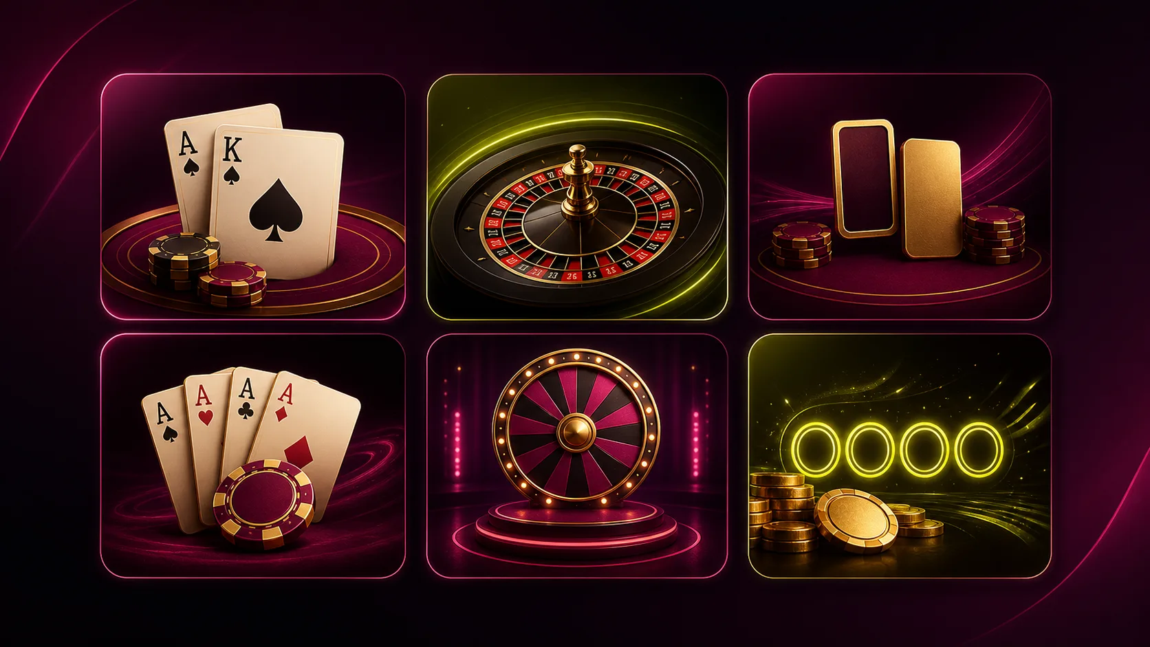 Illustrated MYR888 casino game categories including cards, roulette, poker and jackpots