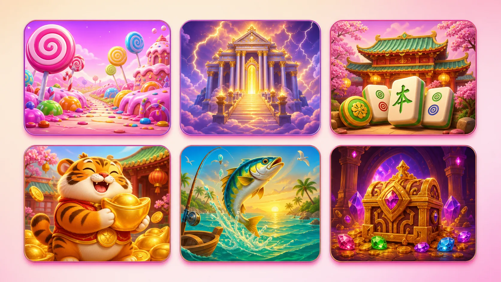 Illustrated gallery of popular slot themes including candy, mythology, mahjong, tiger, fishing and treasure games